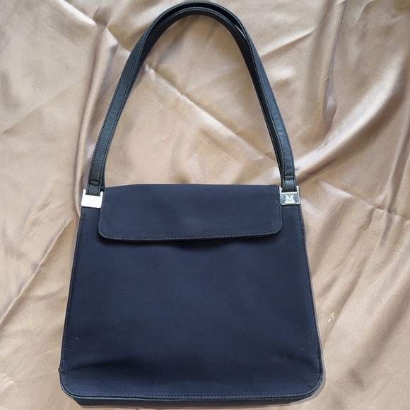 Mondani Navy Peau De Soie Fabric & Leather Structured Sections Bag Silver Accent - Picture 13 of 13